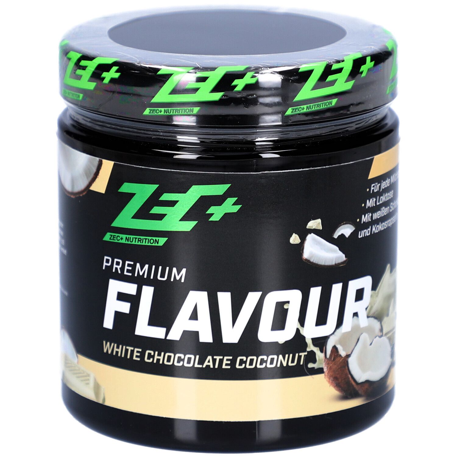 Pot avec couvercle. "Premium Flavour" et "White Chocolate Coconut". Logo ZEC+.