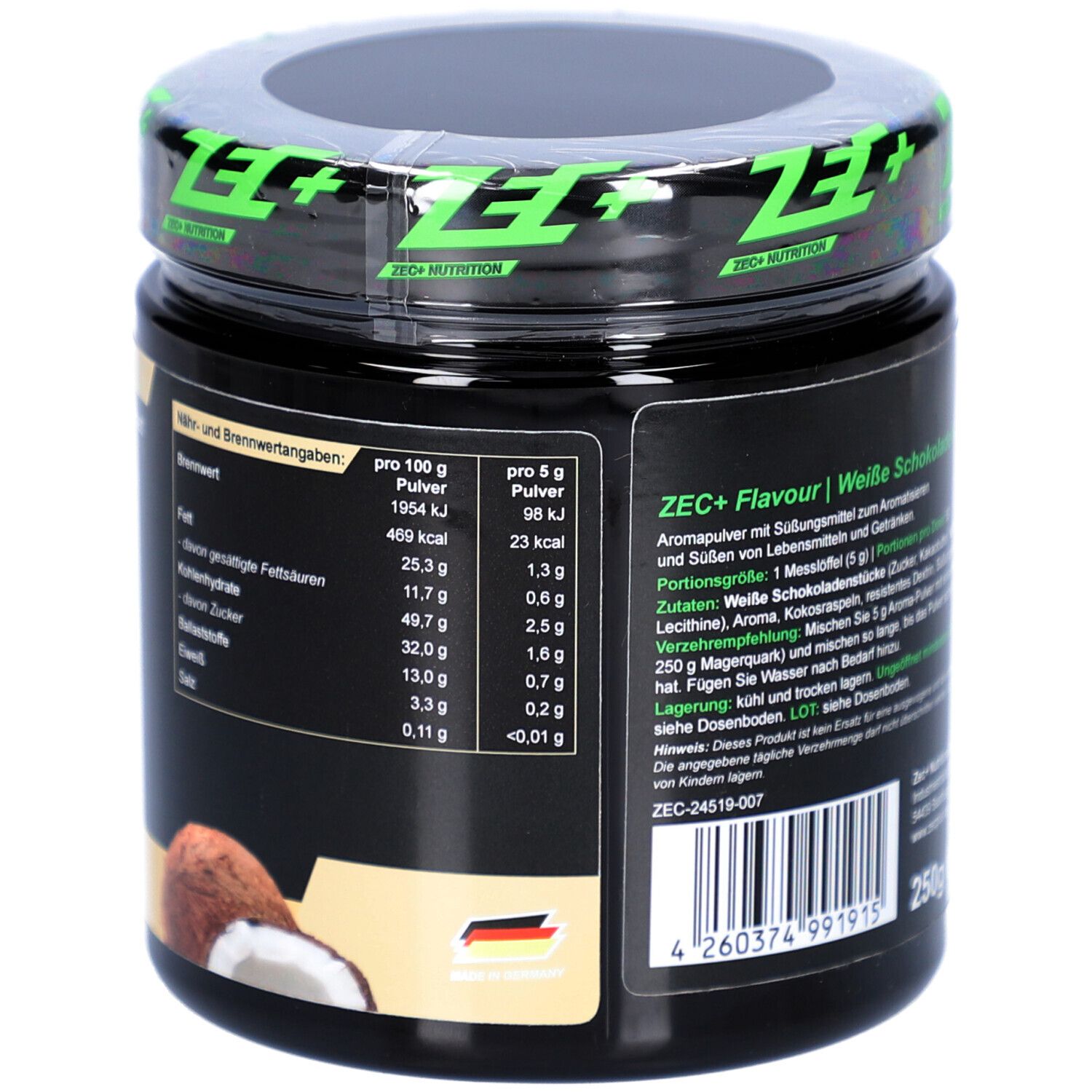 Dos du pot avec couvercle. Informations nutritionnelles et texte. 250g. Logo ZEC+.