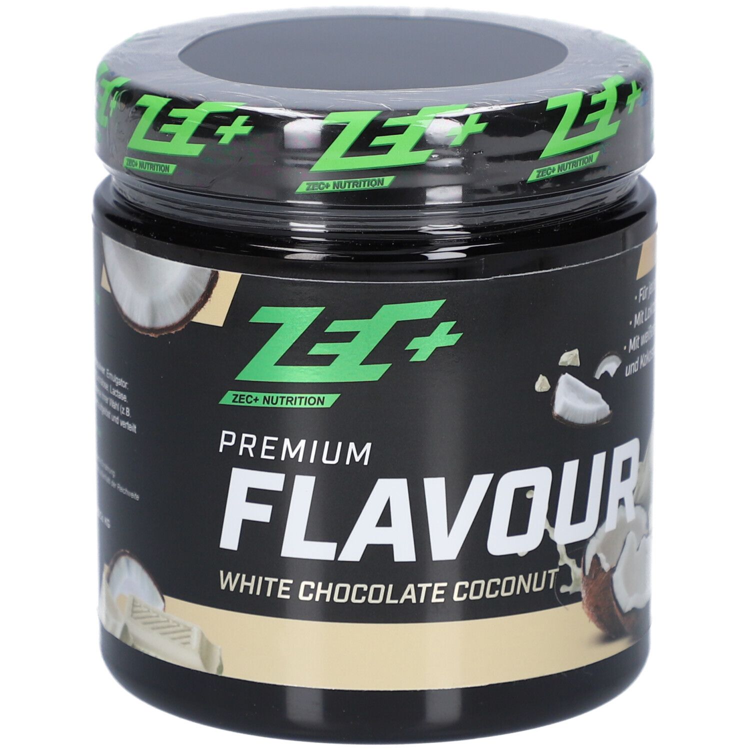 Pot avec couvercle. "Premium Flavour" et "White Chocolate Coconut". Logo ZEC+.