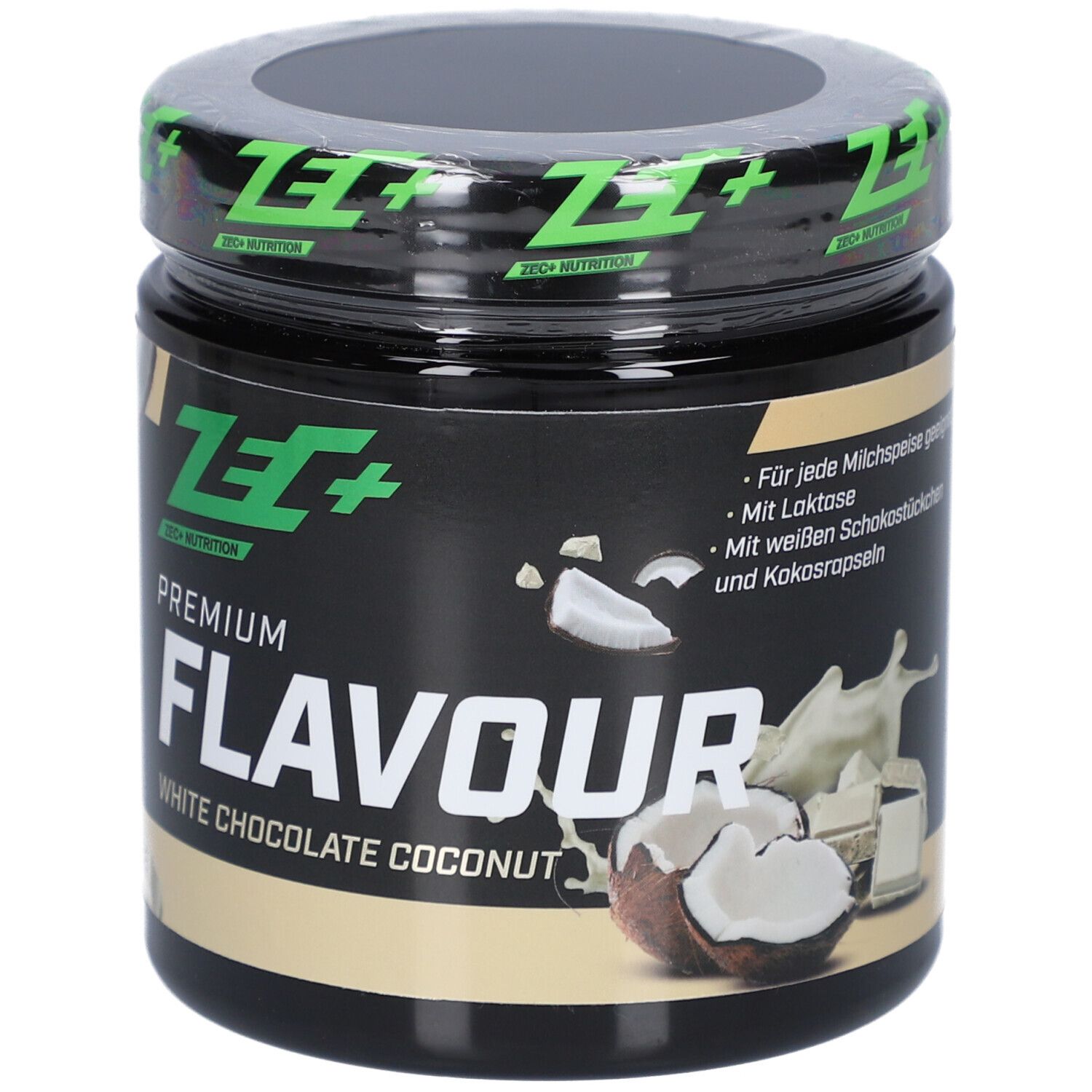 Pot avec couvercle. "Premium Flavour" et "White Chocolate Coconut". Logo ZEC+.
