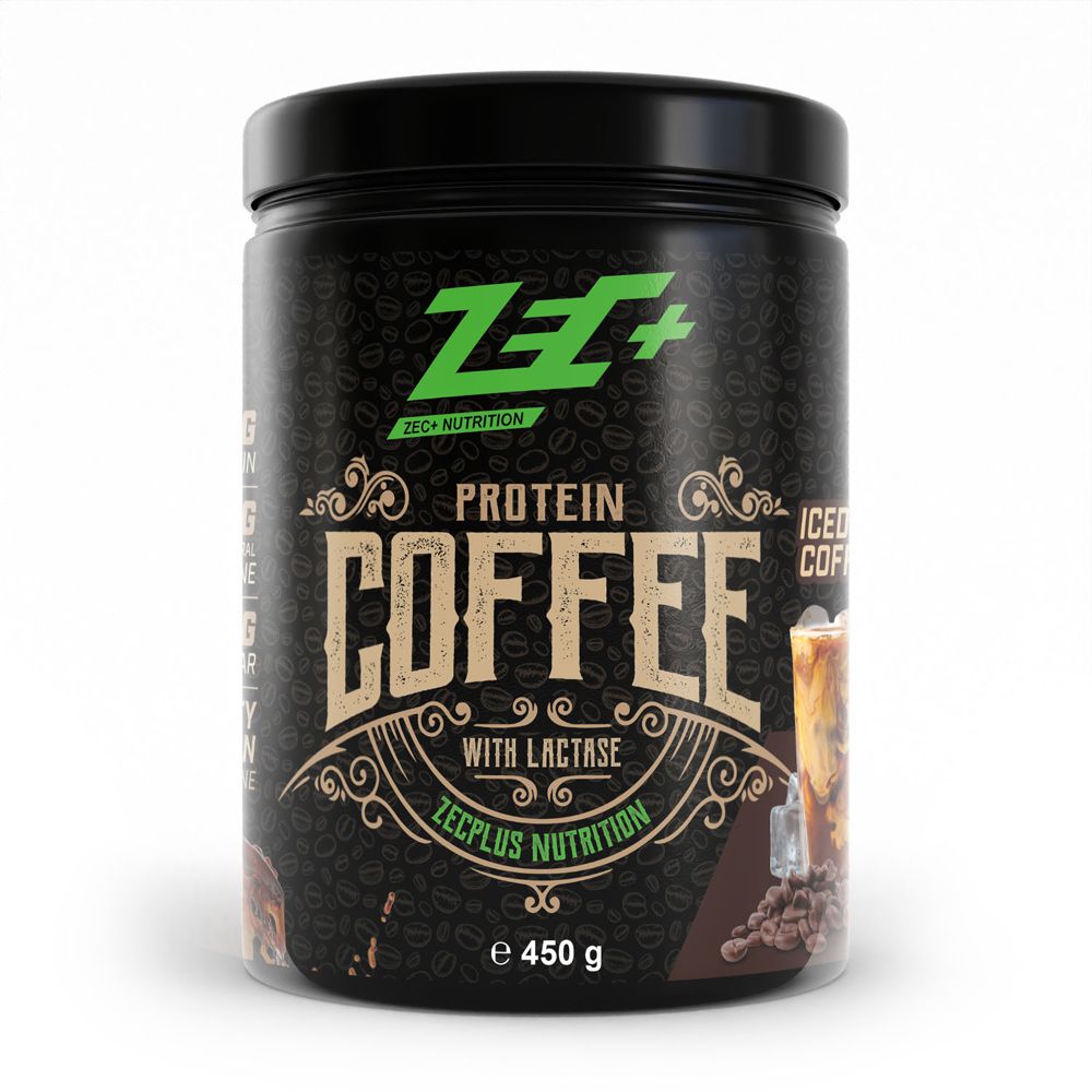 Récipient noir avec inscription Zec+ Protein Coffee et illustration de café glacé.