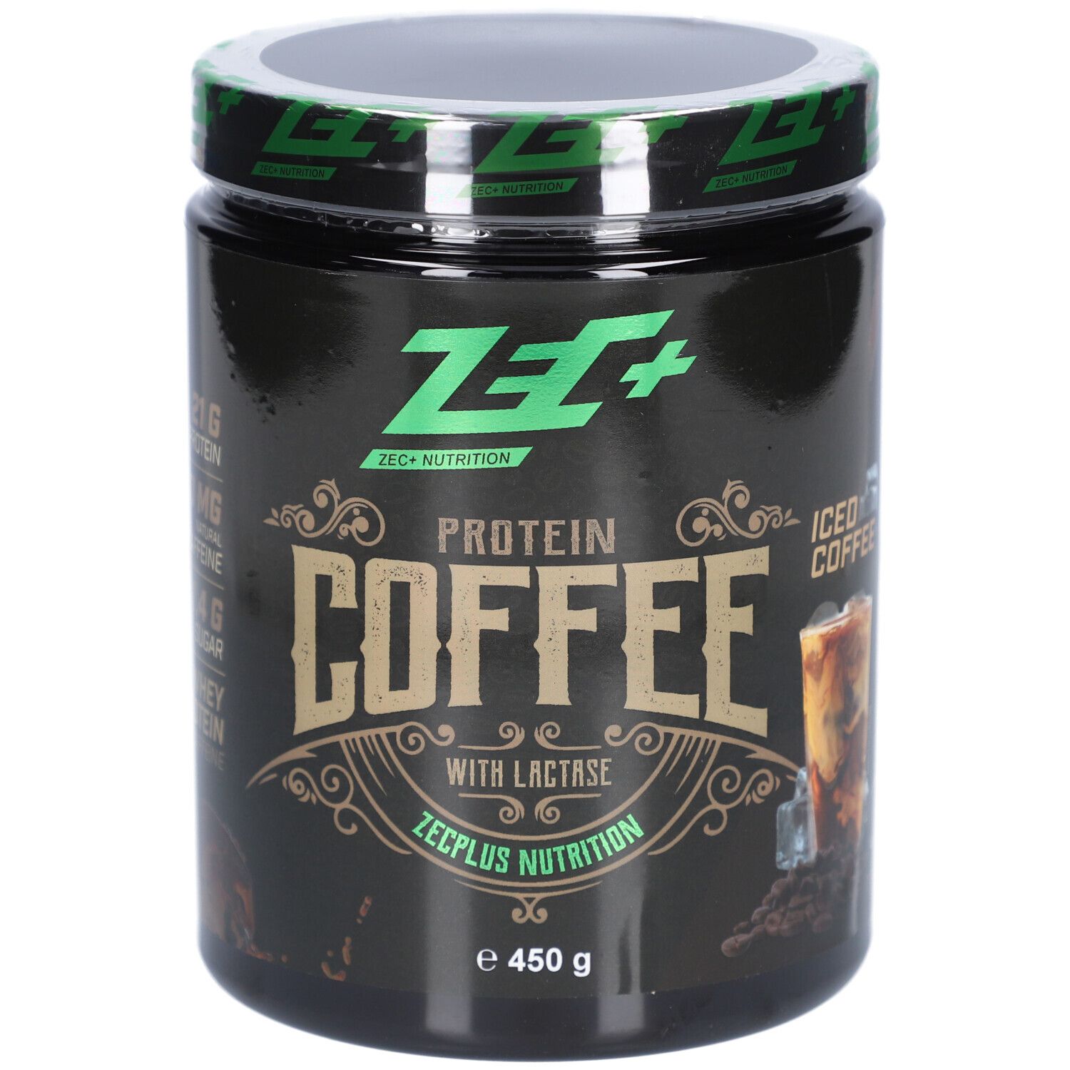 Schwarze Dose ZEC+ PROTEIN COFFEE Iced Coffee. Aufschrift: Protein Coffee, mit Lactase, 450 g. Abbildung Eiskaffee.