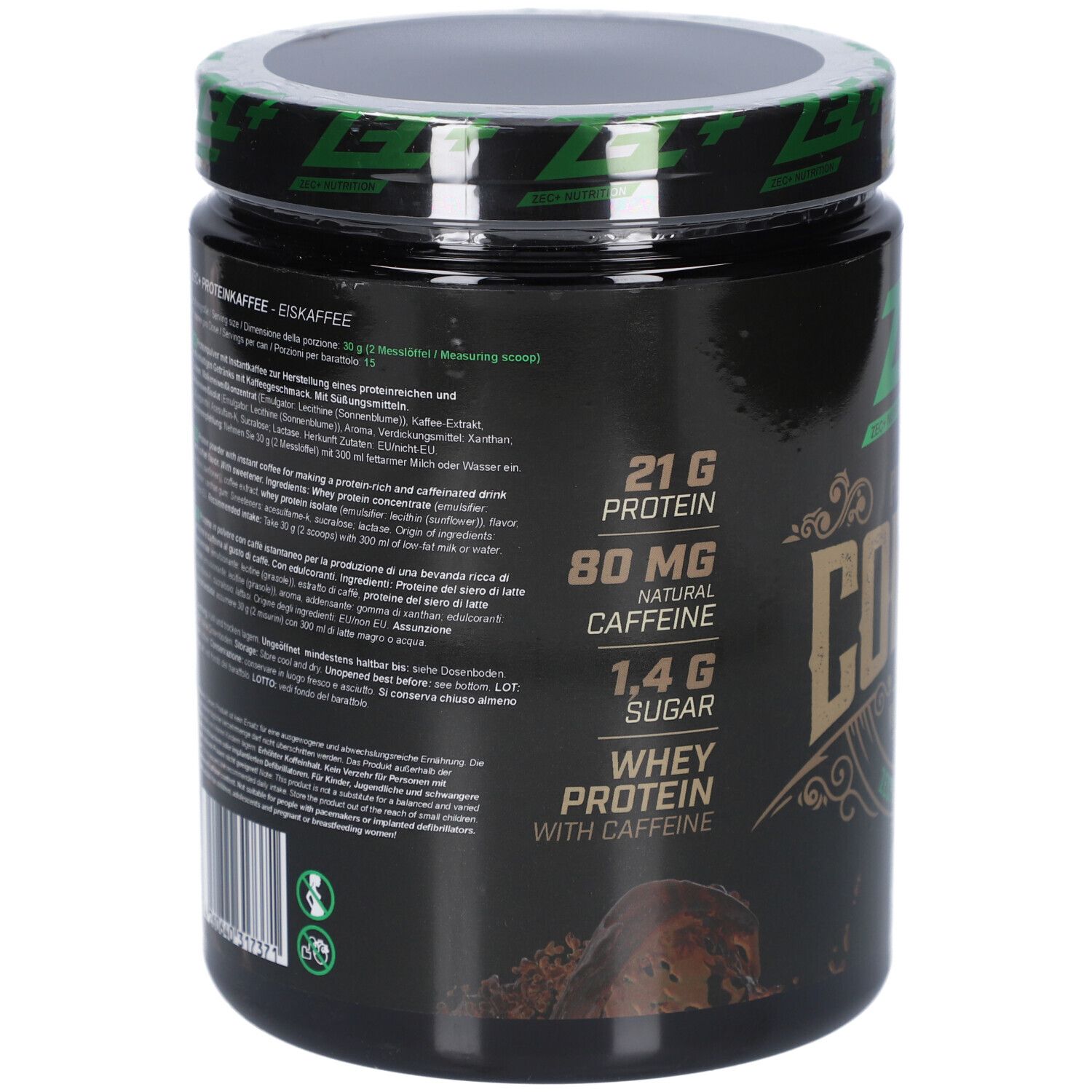 Rückseite der Dose ZEC+ PROTEIN COFFEE. Enthält 21g Protein, 80mg Koffein, 1,4g Zucker. Enthält Molkenprotein mit Koffein.