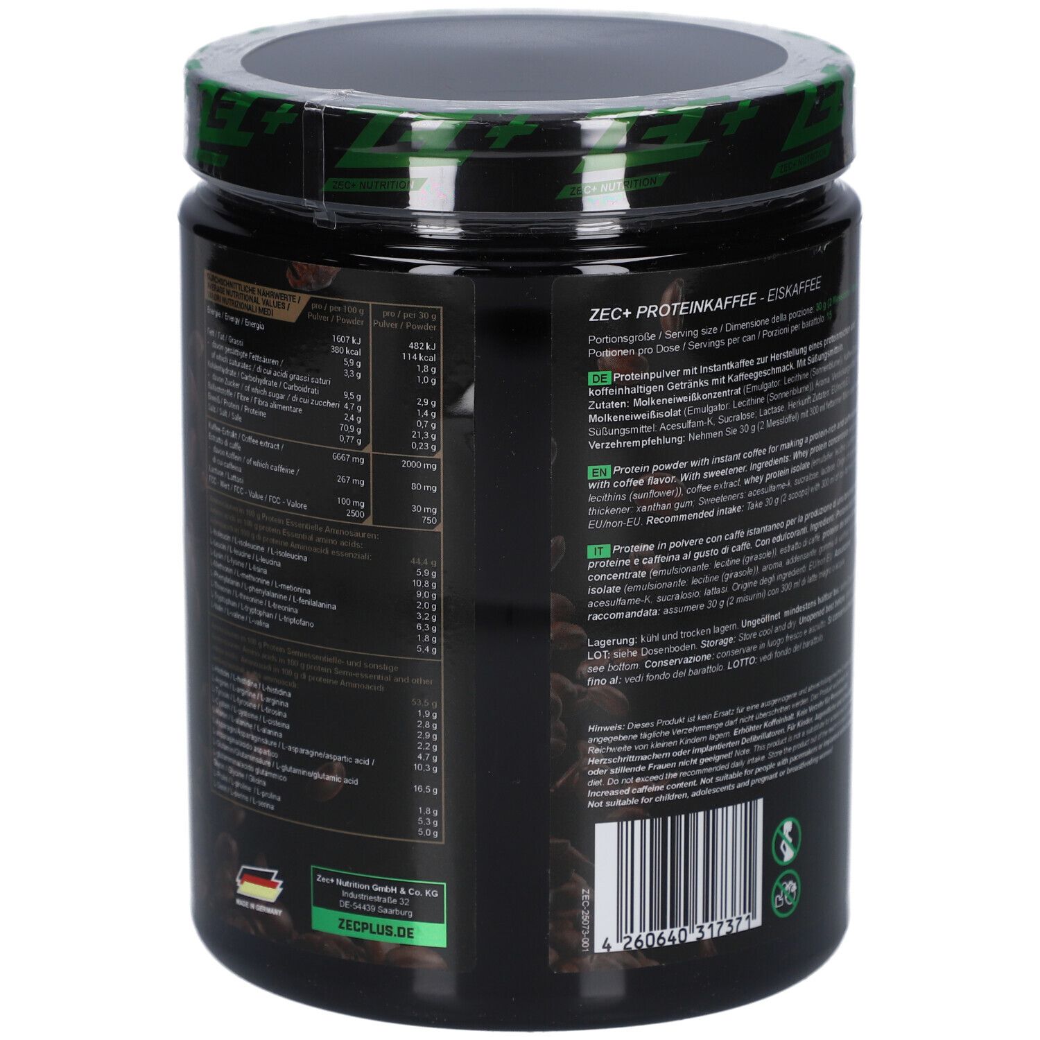 Rückseite der Dose ZEC+ PROTEIN COFFEE. Enthält Nährwertangaben und Zutatenliste. Mit deutscher Flagge und ZECPLUS.DE.