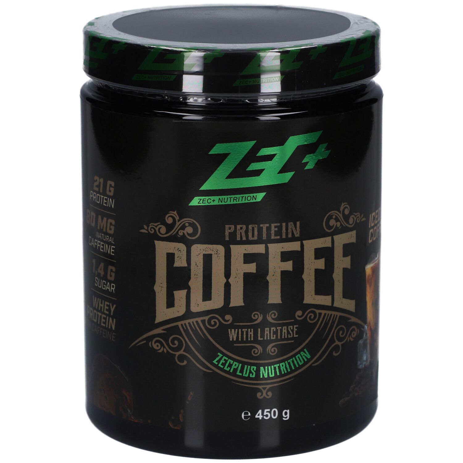 Schwarze Dose ZEC+ PROTEIN COFFEE Iced Coffee. Aufschrift: Protein Coffee, mit Lactase, 450 g. Abbildung Eiskaffee.