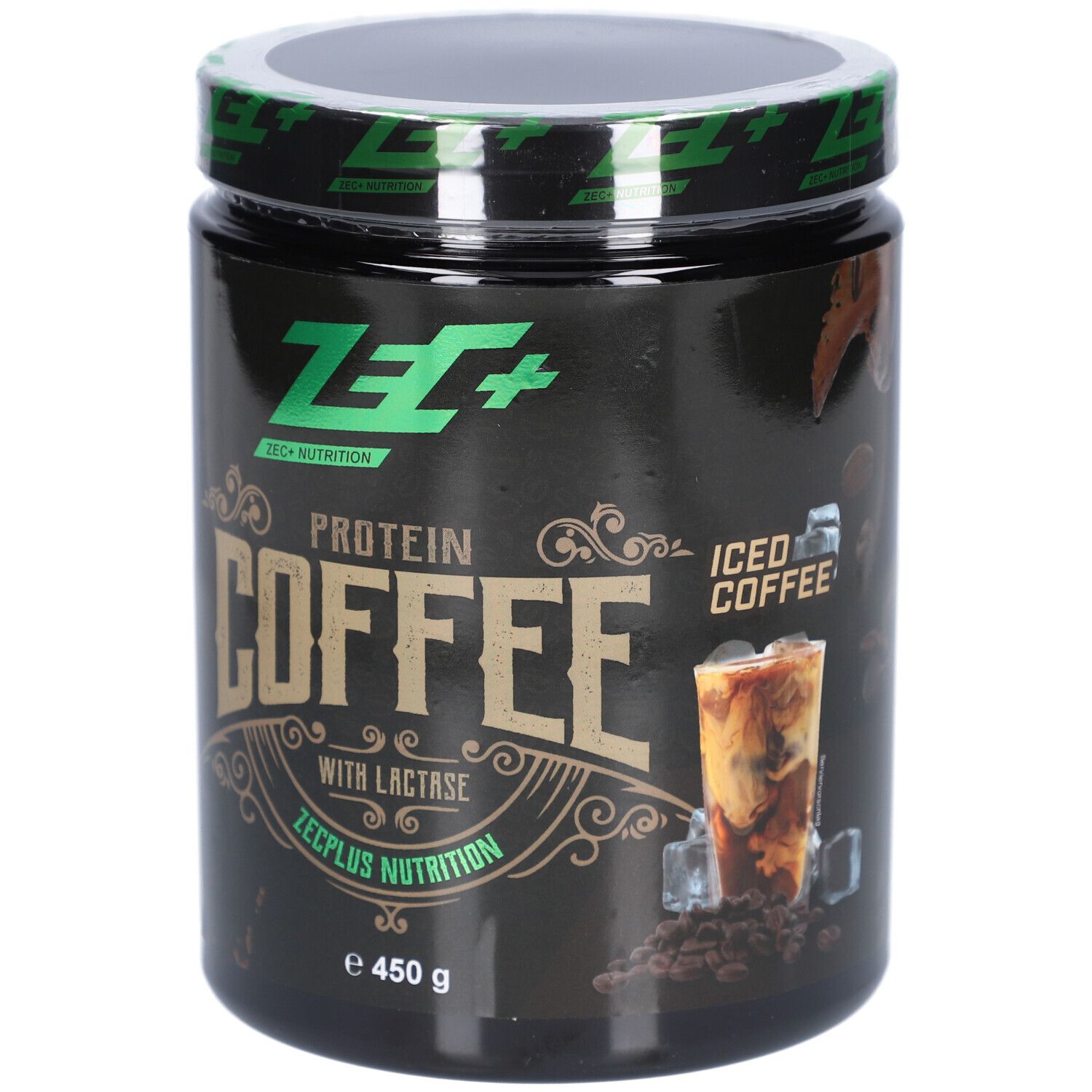 Schwarze Dose ZEC+ PROTEIN COFFEE Iced Coffee. Aufschrift: Protein Coffee, mit Lactase, 450 g. Abbildung Eiskaffee mit Eiswürfeln.