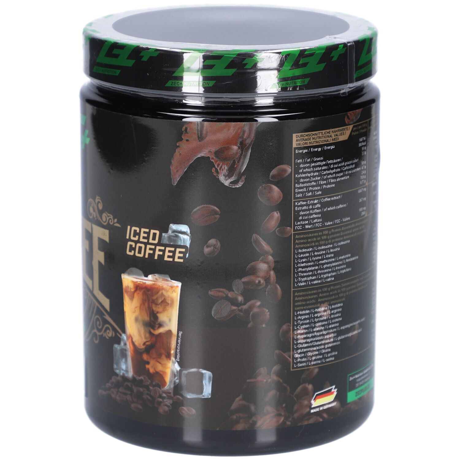 Rückseite der Dose ZEC+ PROTEIN COFFEE Iced Coffee. Abbildung Eiskaffee mit Eiswürfeln und Kaffeebohnen. Nährwertangaben.