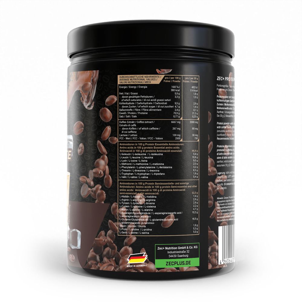 Arrière d'un récipient Zec+ Protein Coffee avec informations nutritionnelles et ingrédients.