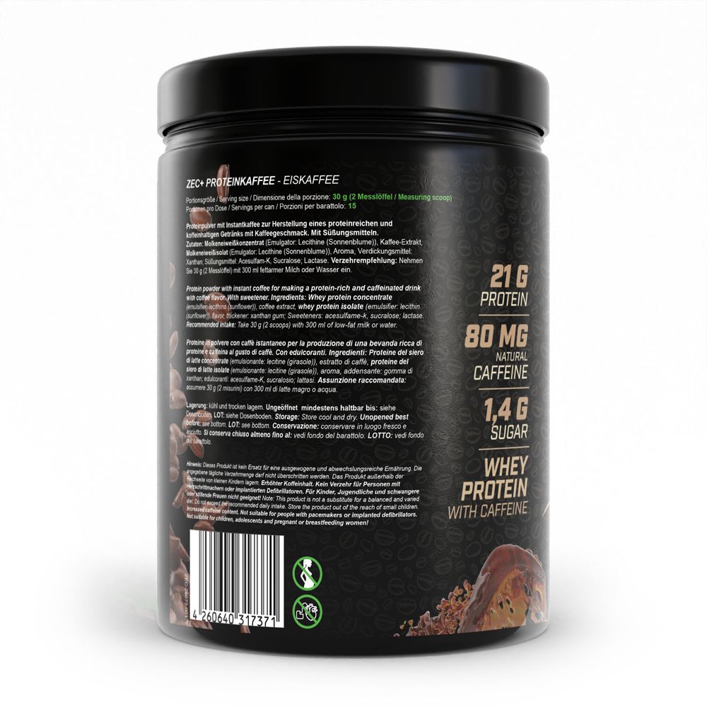 Côté d'un récipient Zec+ Protein Coffee avec informations produit et valeurs nutritionnelles.