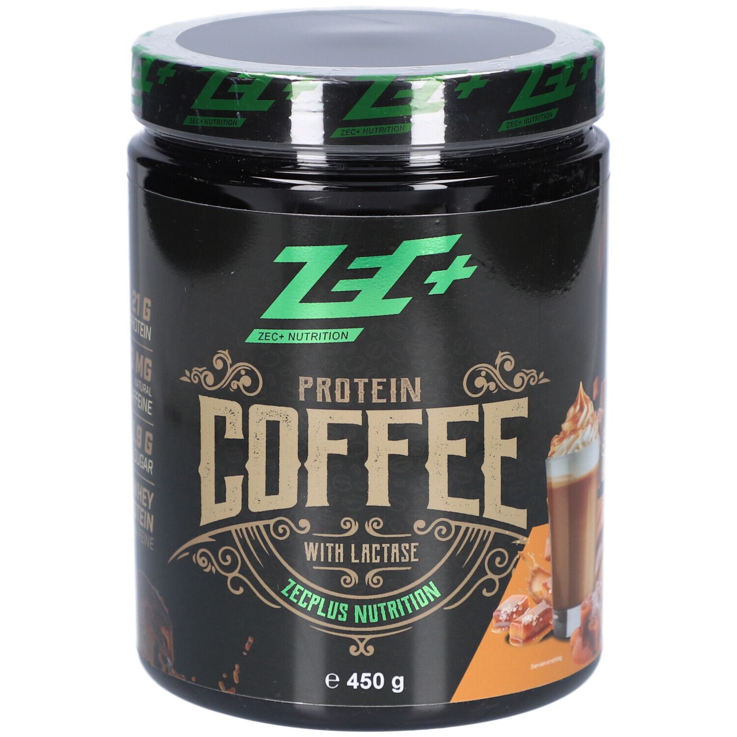 Schwarze Dose mit grünem Deckel. Aufschrift: ZEC+ PROTEIN COFFEE, mit Lactase. Abbildung eines Getränks. 450 g.