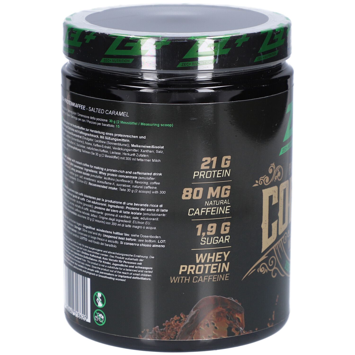 Rückseite der Dose. Angaben zu Nährwerten: 21g Protein, 80mg Koffein, 1,9g Zucker. Enthält Molkenprotein mit Koffein.