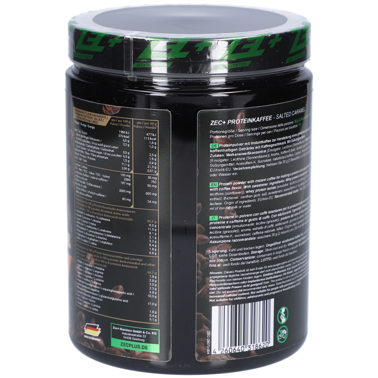 Rückseite der Dose mit Nährwertangaben und Zutatenliste. Enthält Informationen in mehreren Sprachen.