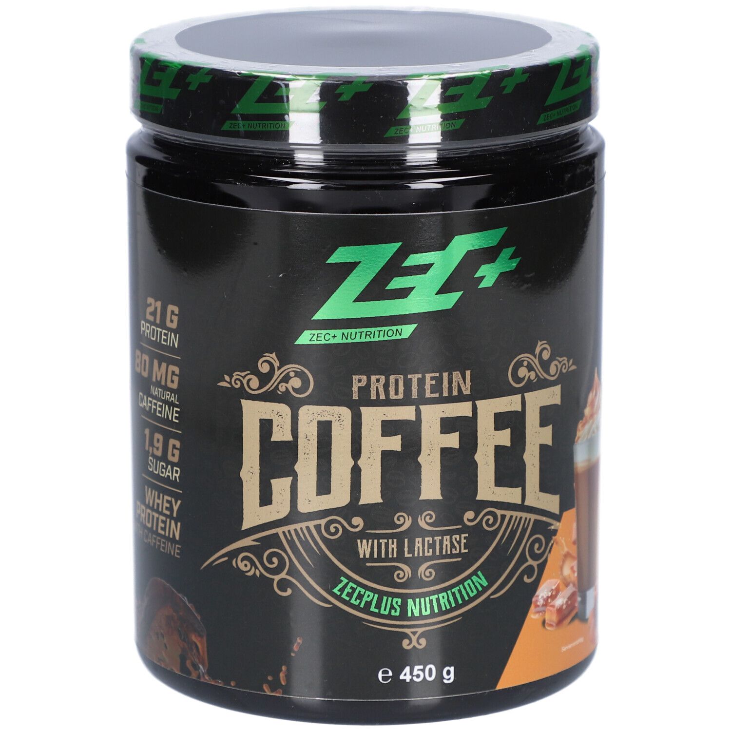 Schwarze Dose mit grünem Deckel. Aufschrift: ZEC+ PROTEIN COFFEE, mit Lactase. 21g Protein, 80mg Koffein, 1,9g Zucker.