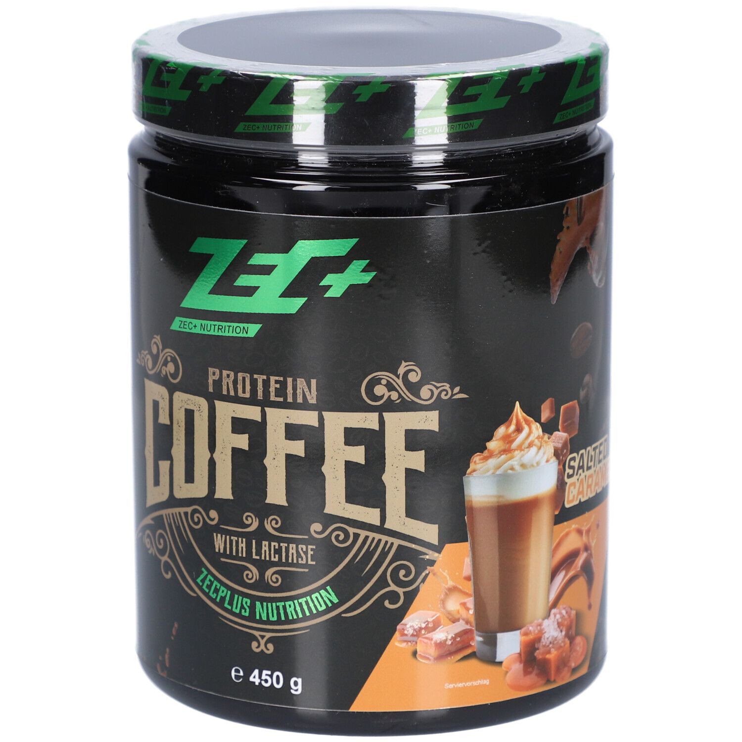 Schwarze Dose mit grünem Deckel. Aufschrift: ZEC+ PROTEIN COFFEE, mit Lactase. Abbildung eines Getränks mit Karamell.