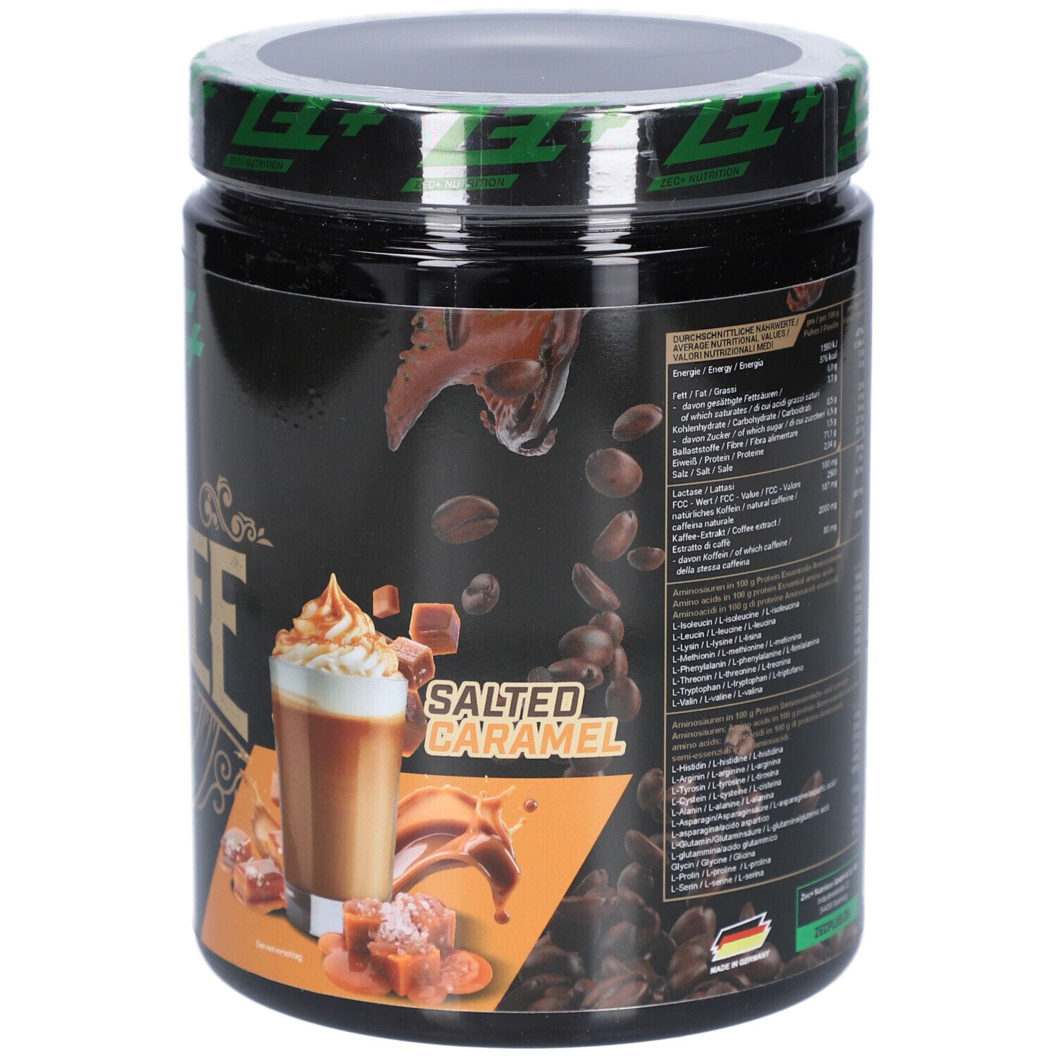 Rückseite der Dose mit Nährwertangaben und Zutatenliste. Enthält Informationen in mehreren Sprachen. Mit Karamell-Abbildung.