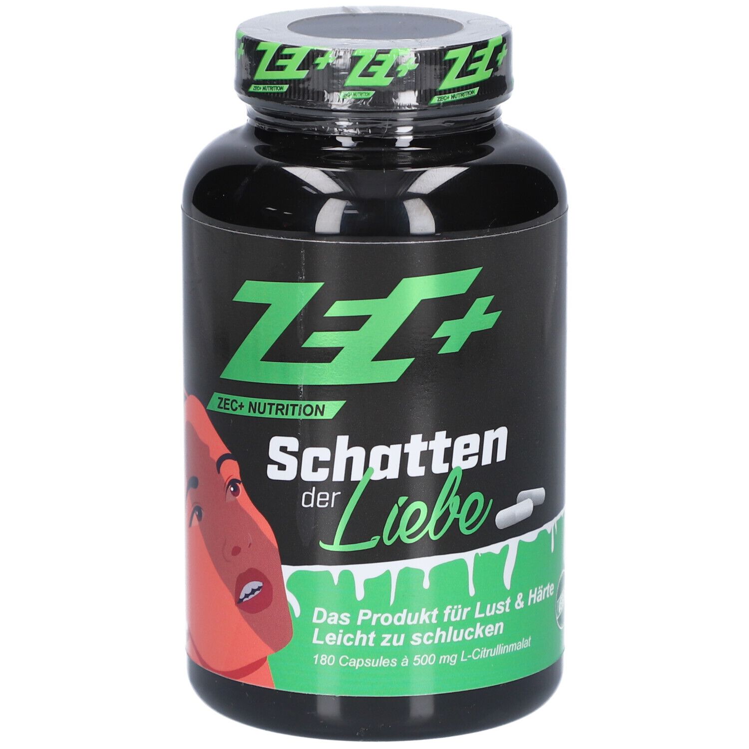 Flacon noir avec inscription verte ZEC+ et nom du produit. Contient 180 gélules. Image d'une femme sur le devant.