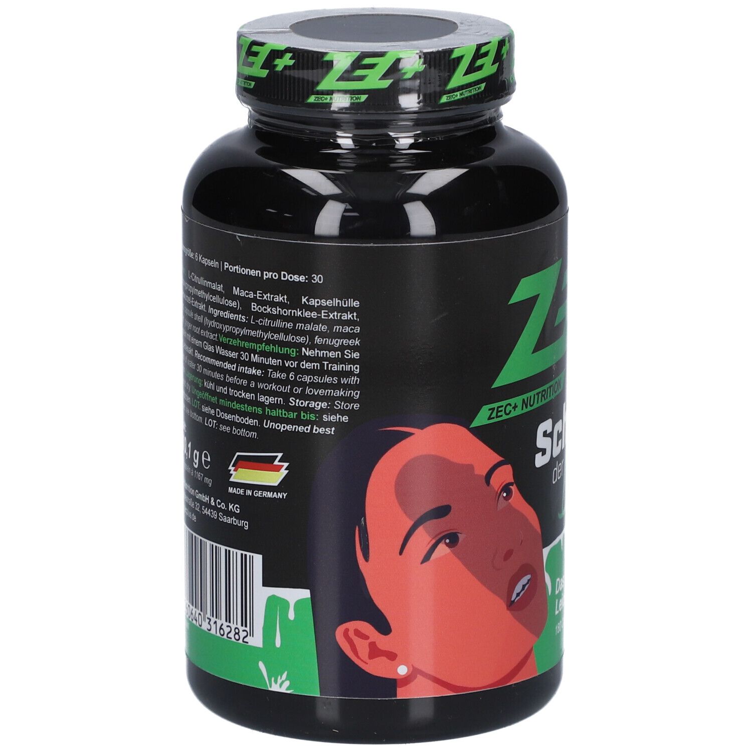 Dos du flacon noir. Contient des informations sur les ingrédients, le dosage et le fabricant. Avec l'image d'une femme.