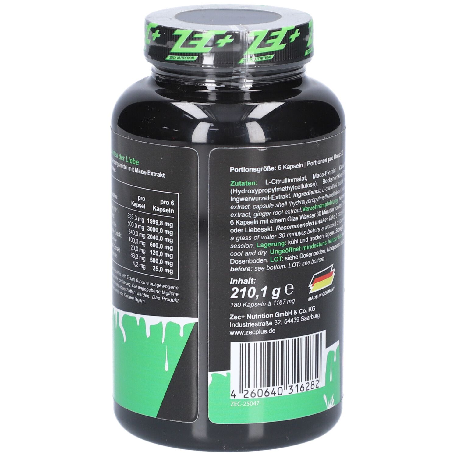 Dos du flacon noir. Contient des informations sur les ingrédients et les valeurs nutritionnelles. Avec l'image d'une femme.