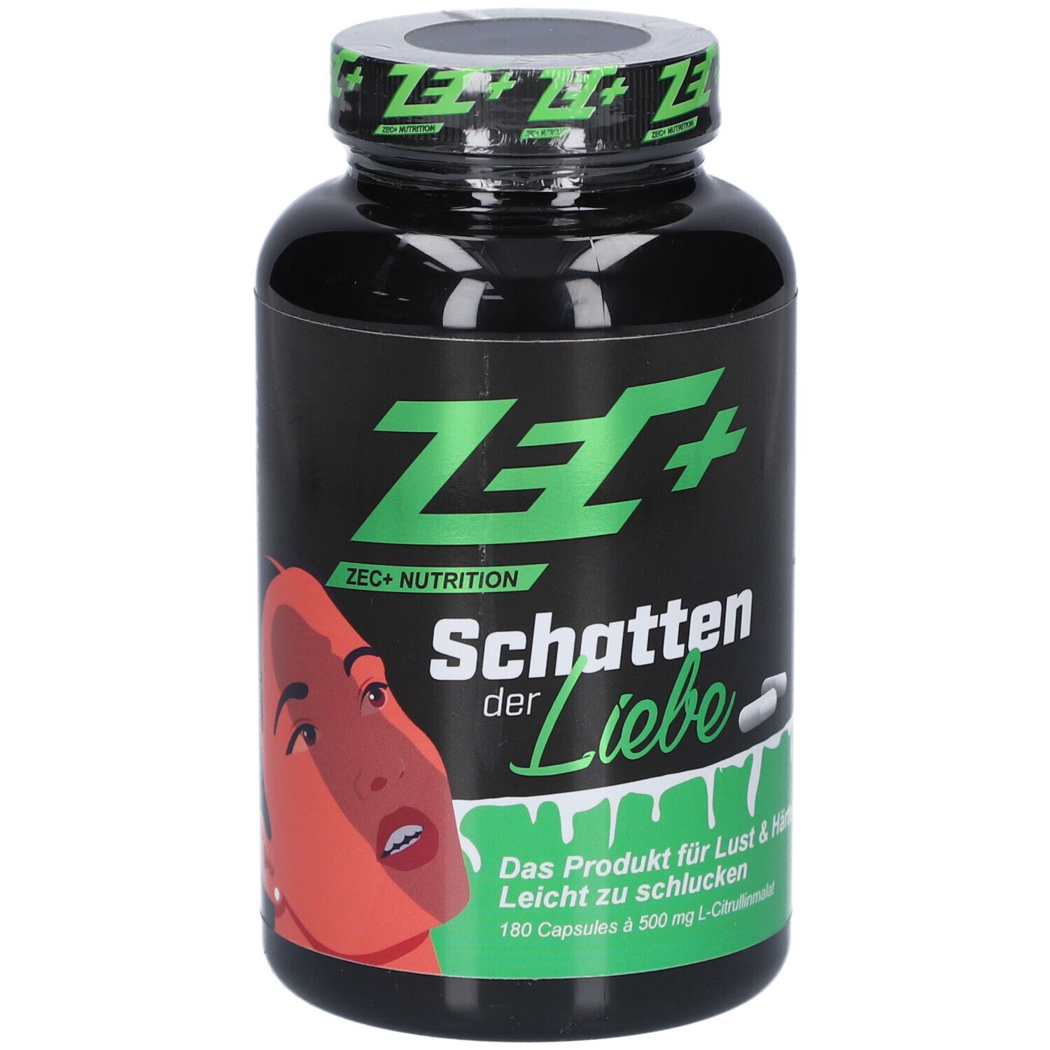 Flacon noir avec inscription verte ZEC+ et nom du produit. Contient 180 gélules. Image d'une femme sur le devant.