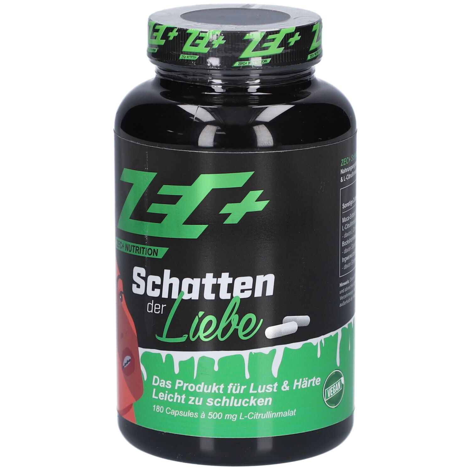 Flacon noir avec inscription verte ZEC+ et nom du produit. Contient 180 gélules. Sceau végétalien.