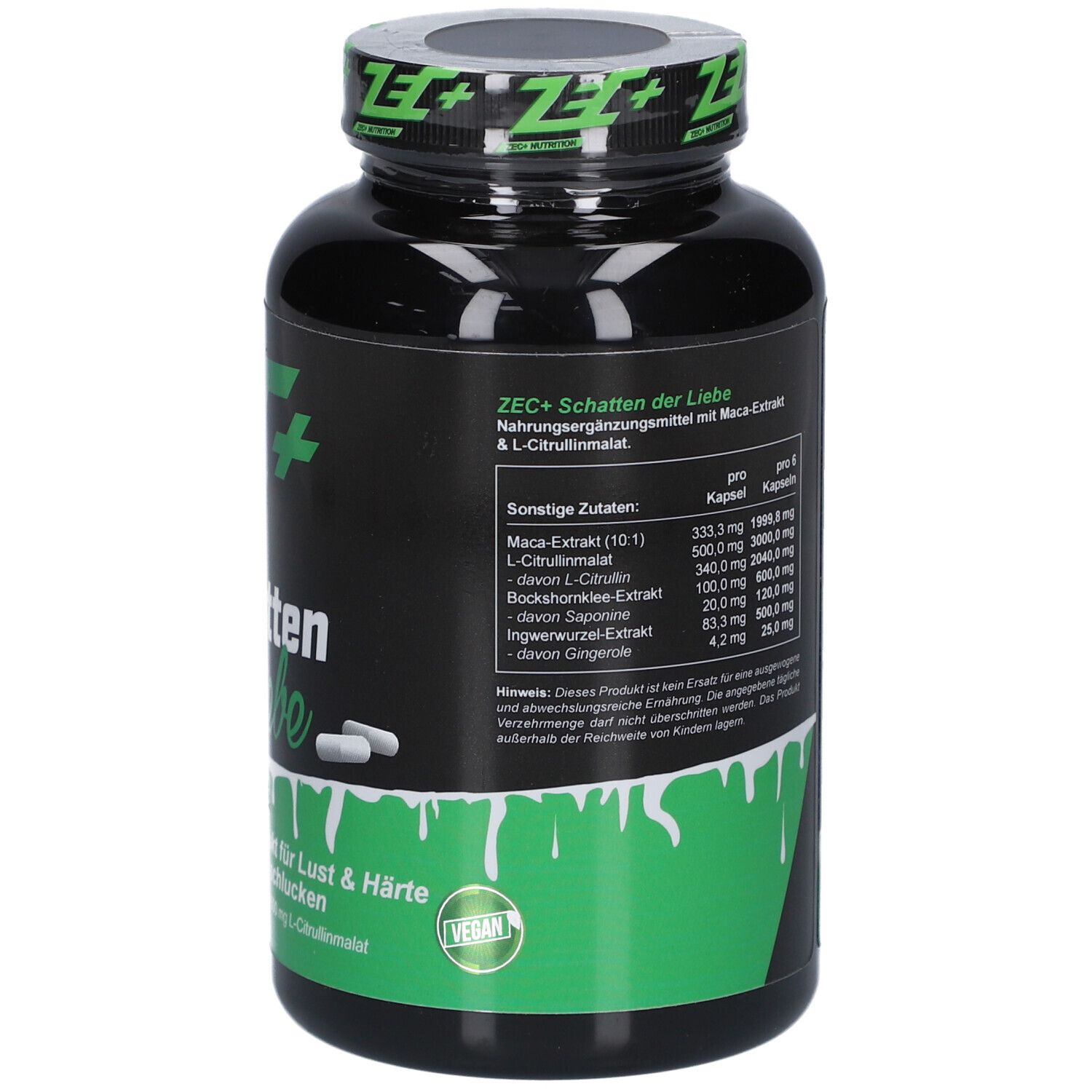 Dos du flacon noir. Contient des informations sur les ingrédients et les valeurs nutritionnelles. Sceau végétalien.