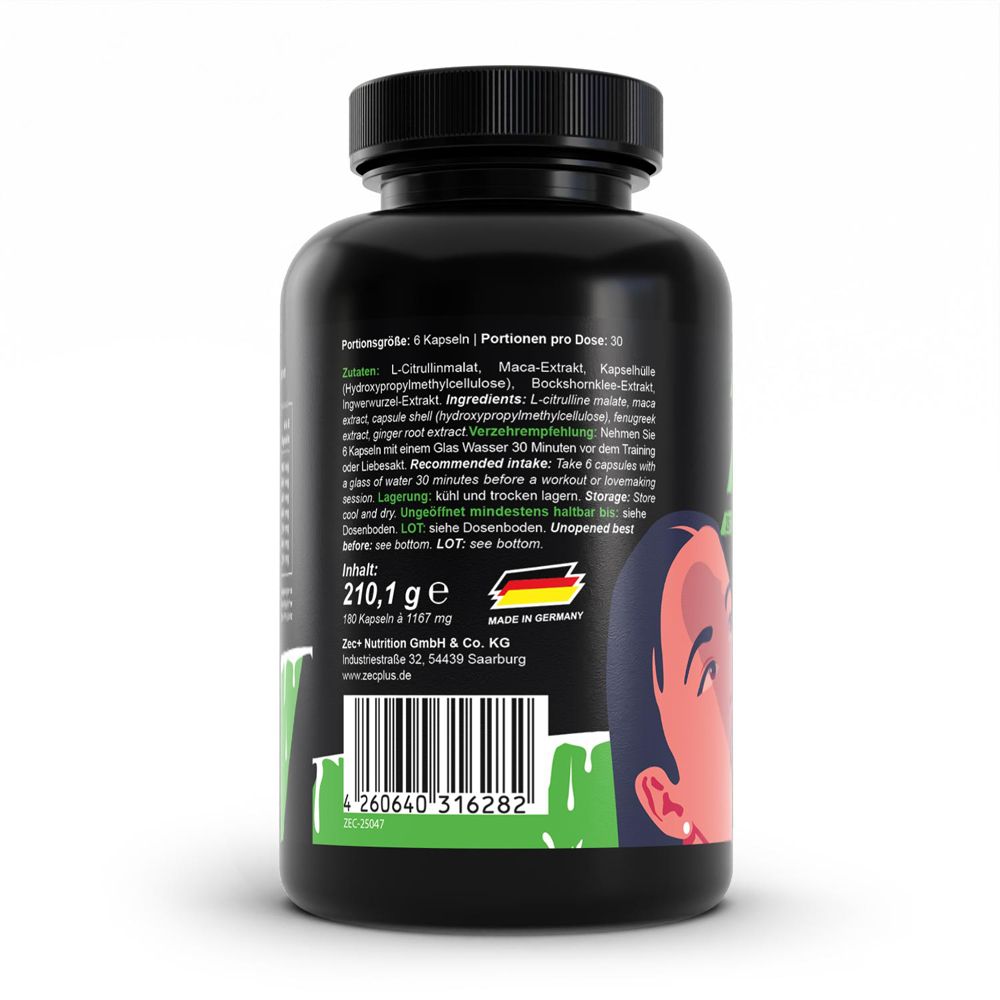 Dos du flacon noir. Contient des informations sur les ingrédients, le dosage et le fabricant. Avec l'image d'une femme.