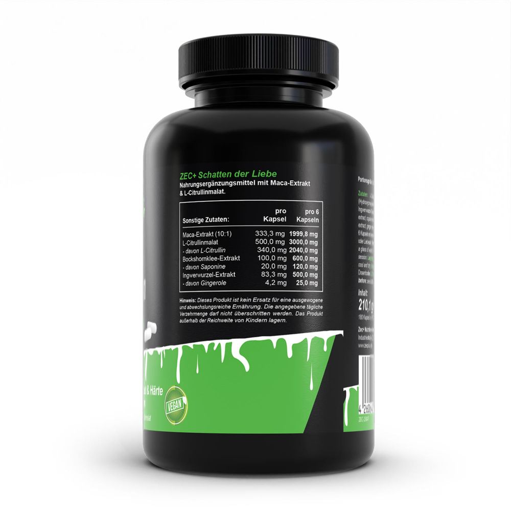 Dos du flacon noir. Contient des informations sur les ingrédients et les valeurs nutritionnelles. Avec l'image d'une femme.