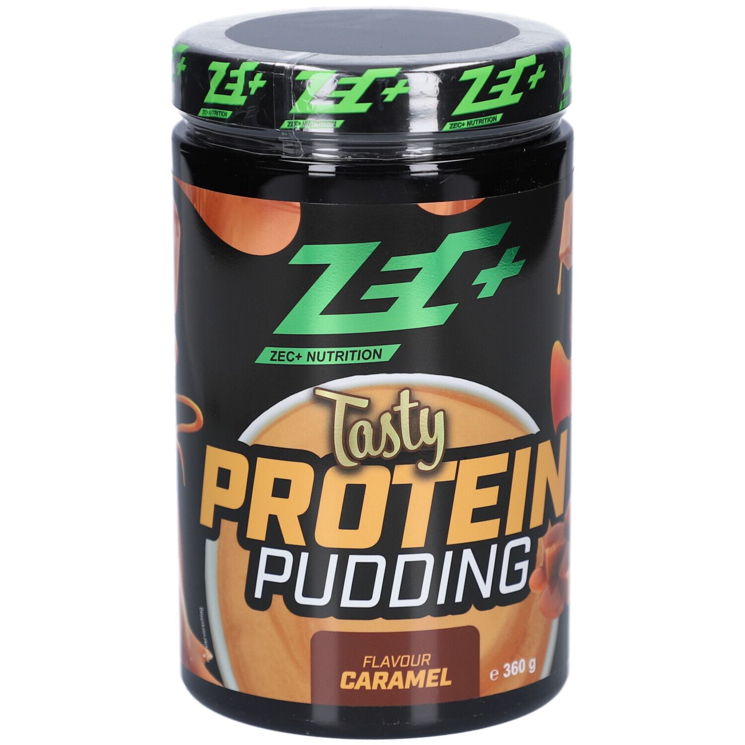 Pot noir de Tasty Protein Pudding ZEC+, saveur caramel. Logo et nom du produit visibles.