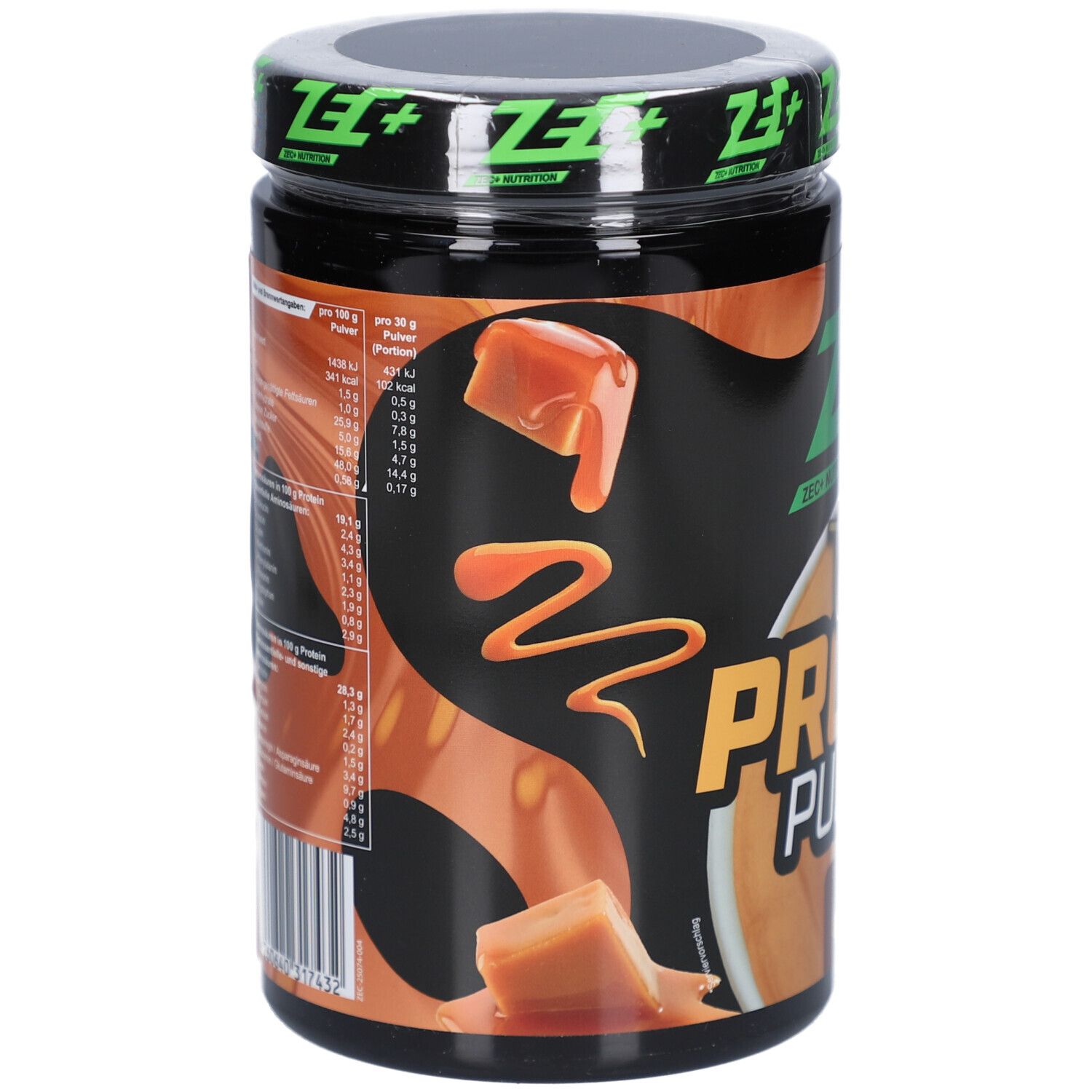 Dos du pot avec informations nutritionnelles et illustrations de caramel. Logo ZEC+ et nom du produit.