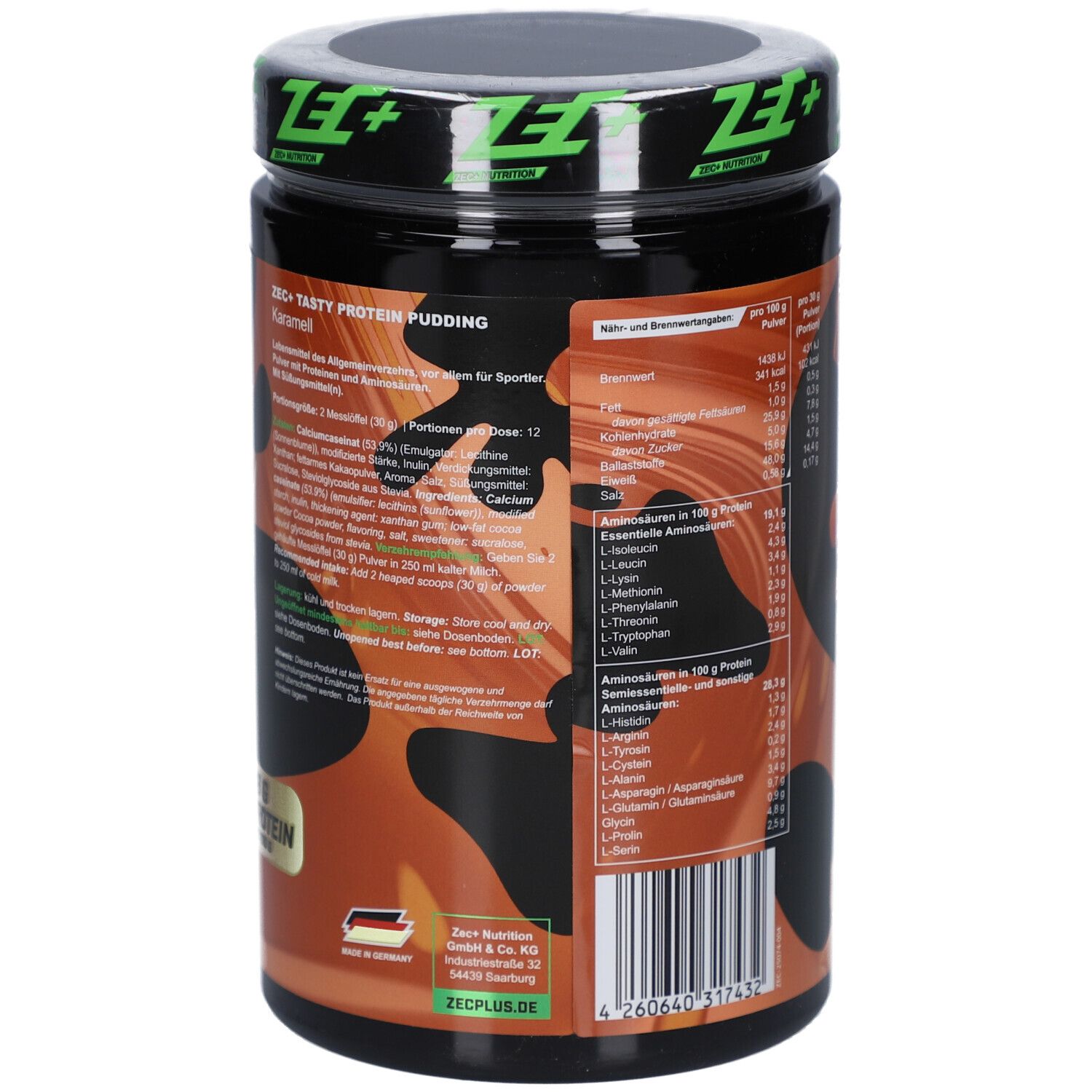 Dos du pot avec informations nutritionnelles, acides aminés et informations fabricant. ZEC+ Tasty Protein Pudding.