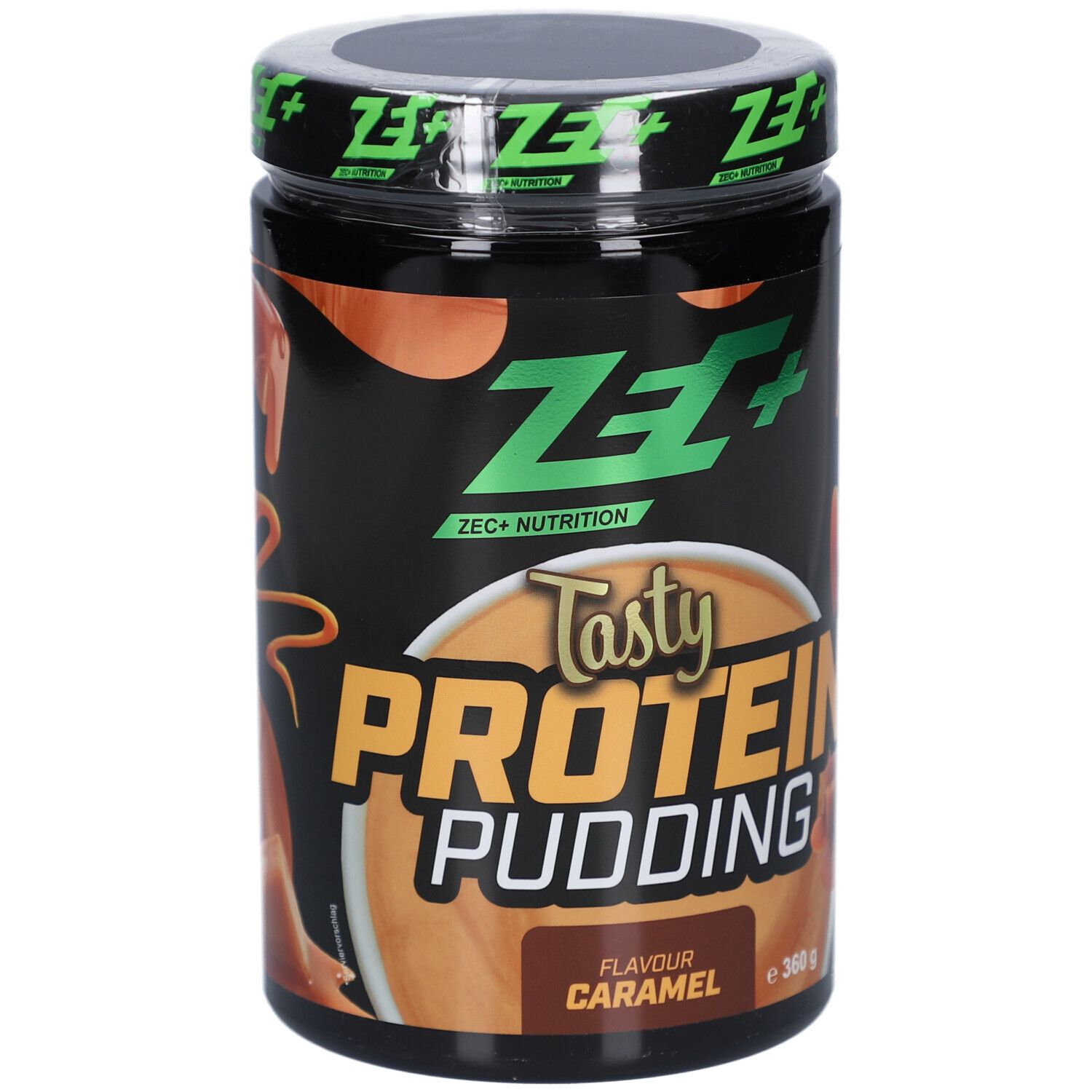 Pot noir de Tasty Protein Pudding ZEC+, saveur caramel. Logo et nom du produit visibles.