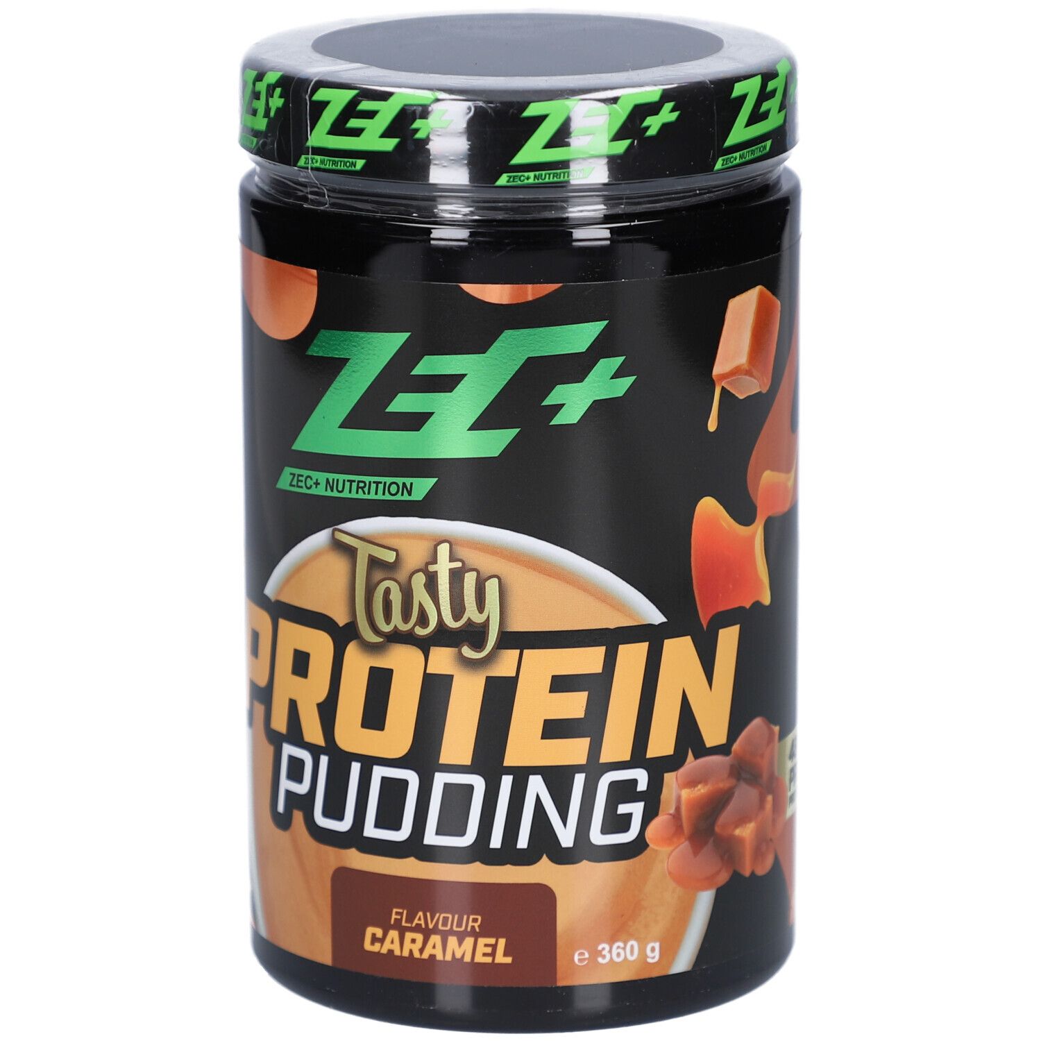 Pot noir de Tasty Protein Pudding ZEC+, saveur caramel. Logo et nom du produit visibles.