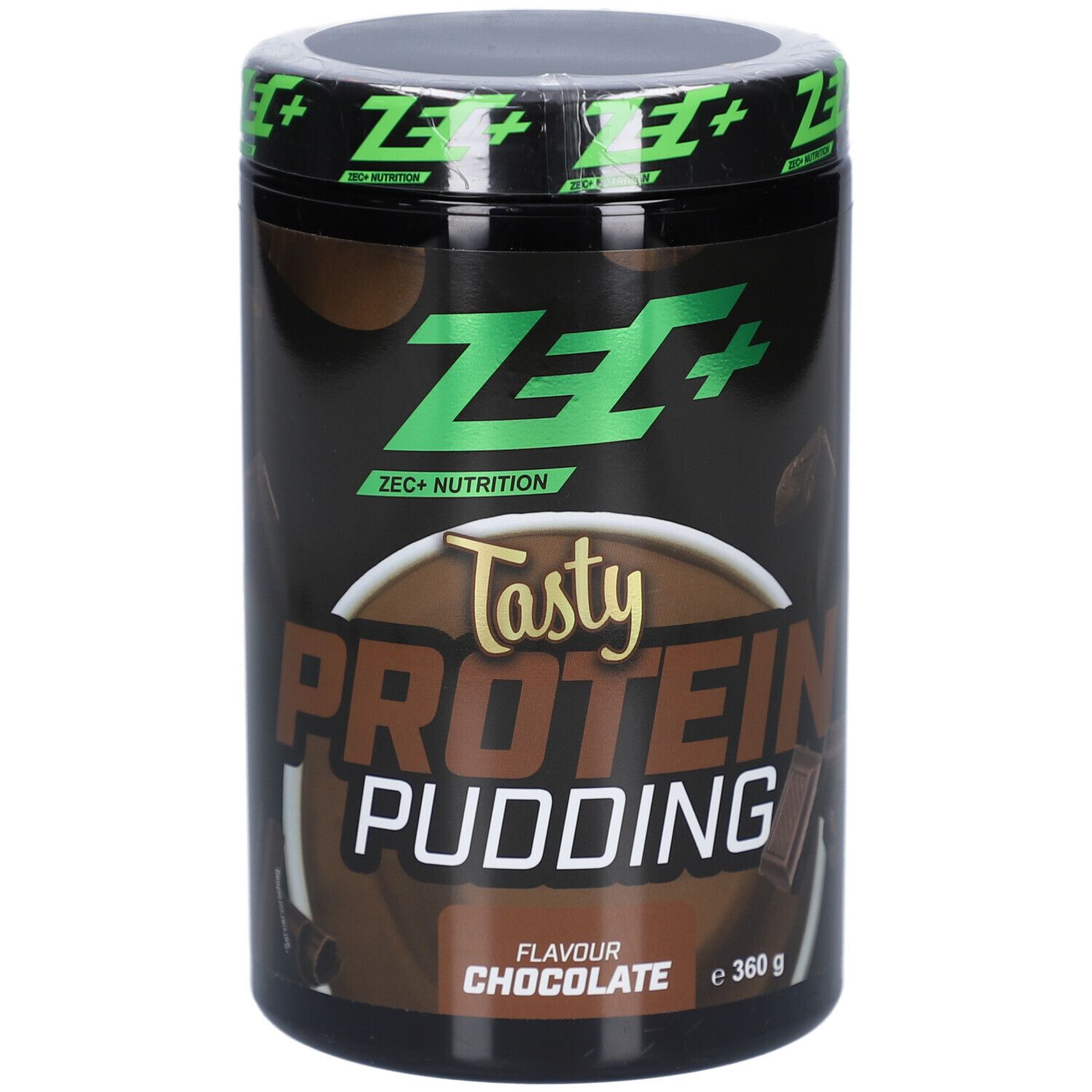 Boîte noire avec couvercle vert. Inscription: ZEC+ Nutrition, Tasty Protein Pudding, Chocolate. 360g.