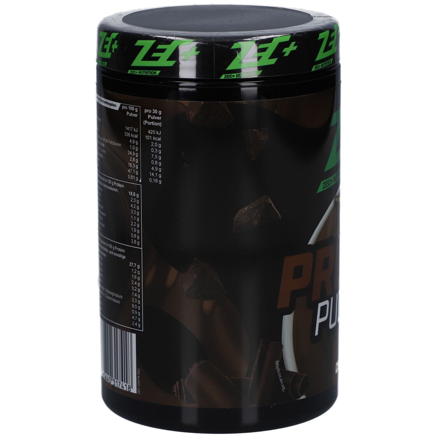 Boîte noire avec informations nutritionnelles. Inscription: Protein Pudding. Texte en allemand. Motif chocolat.