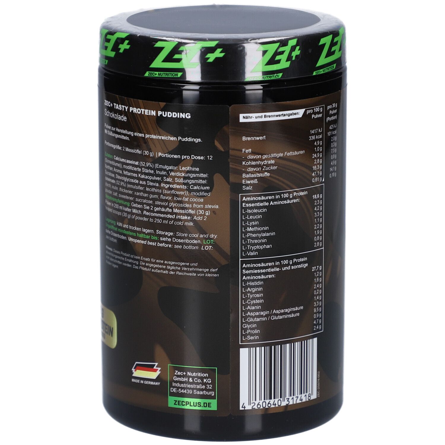 Boîte noire avec texte en allemand. Inscription: ZEC+ Tasty Protein Pudding Schokolade. Avec code-barres.