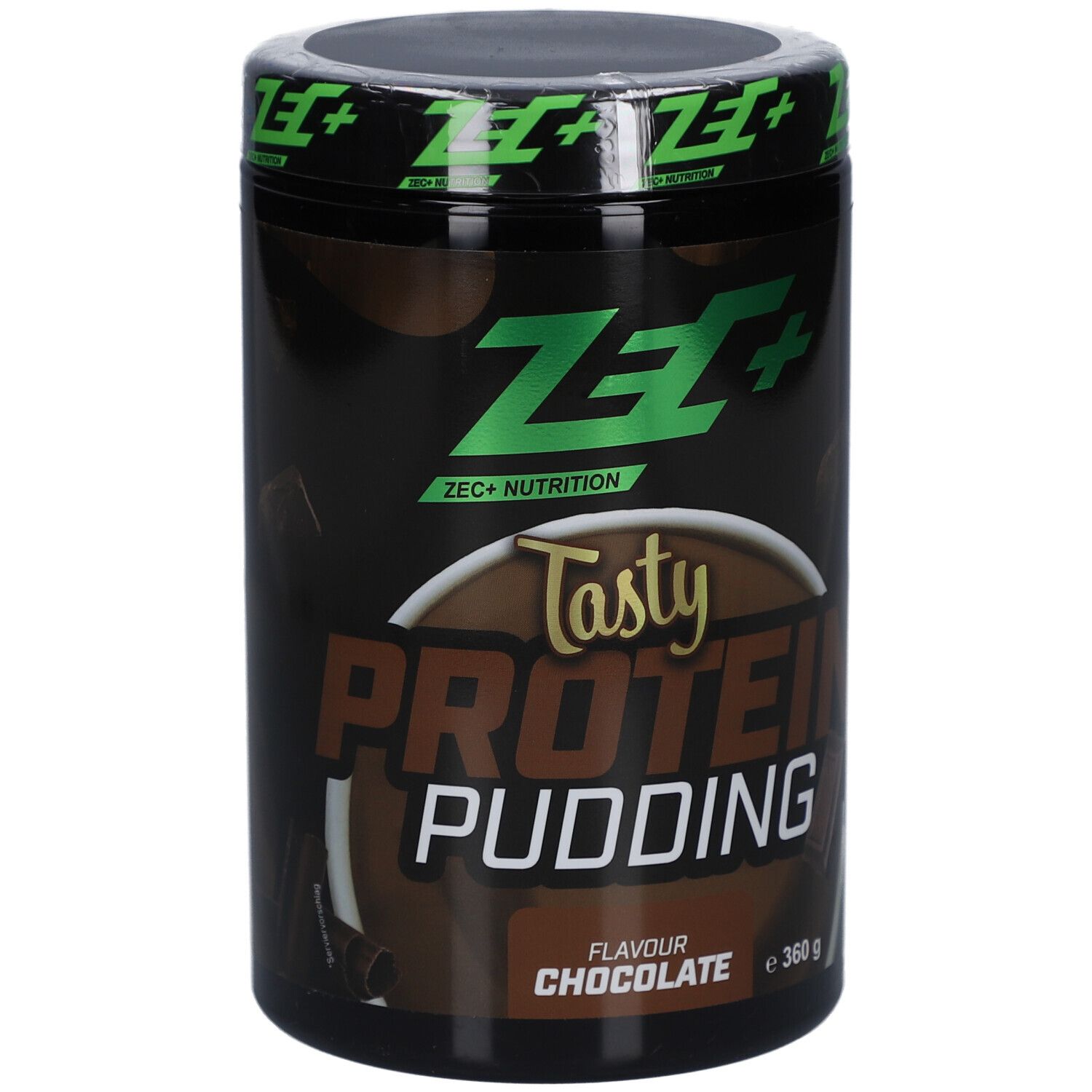 Boîte noire avec couvercle vert. Inscription: ZEC+ Nutrition, Tasty Protein Pudding, Chocolate. 360g.