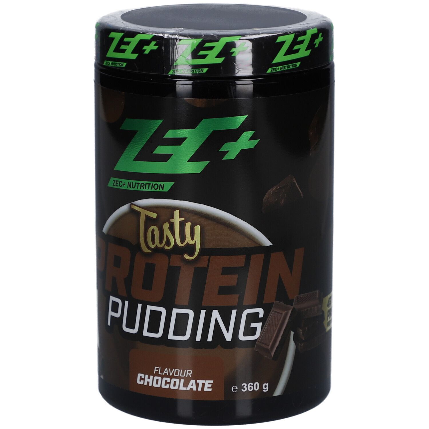 Boîte noire avec couvercle vert. Inscription: ZEC+ Nutrition, Tasty Protein Pudding, Chocolate. 360g.