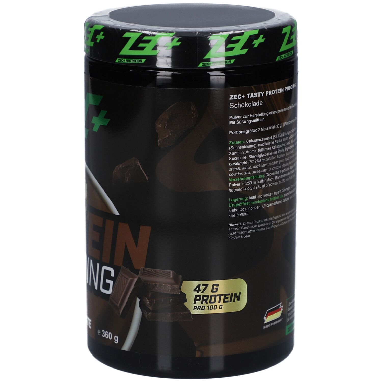 Boîte noire avec texte en allemand. Inscription: ZEC+ Tasty Protein Pudding Schokolade. 47g de protéines.