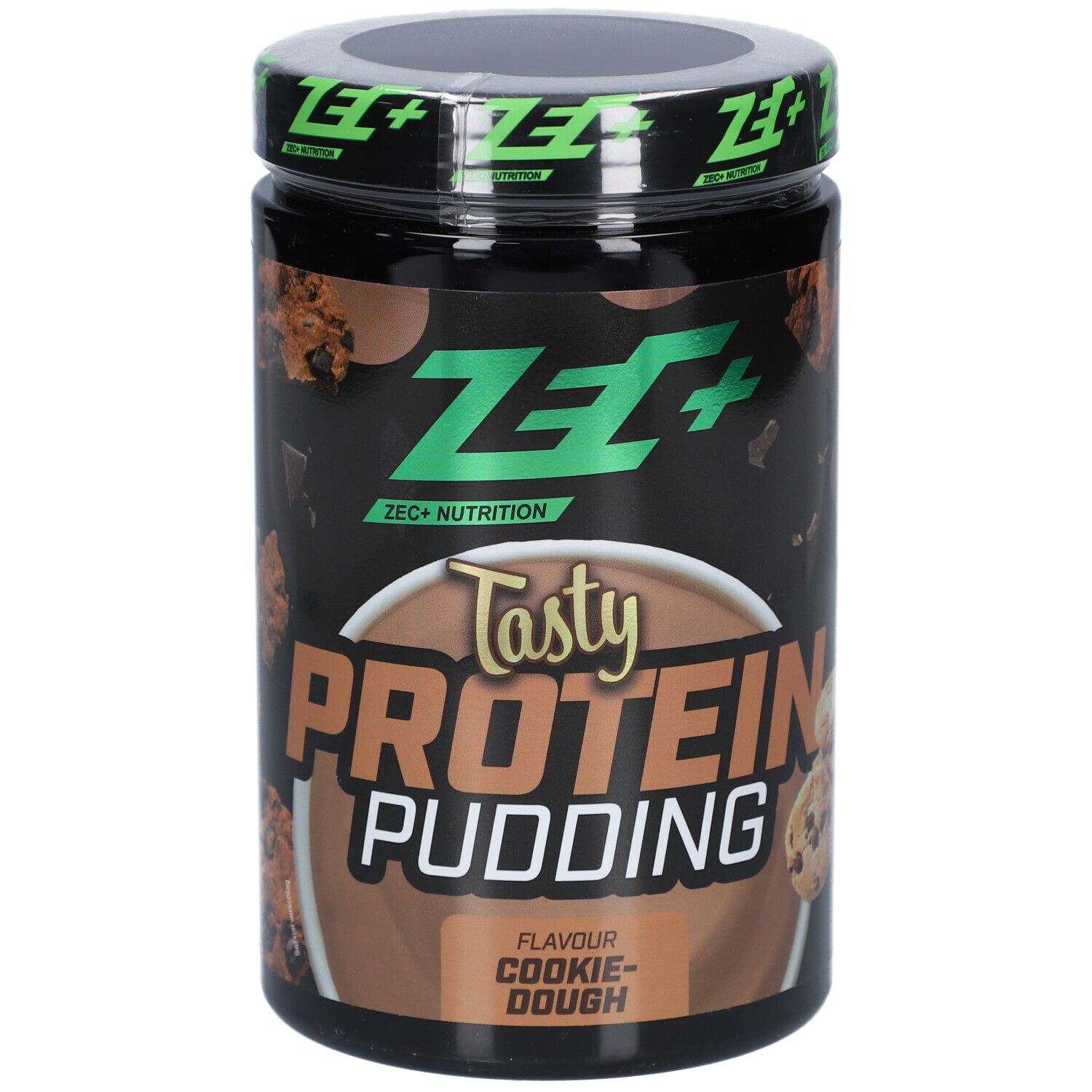 Pot noir de Tasty Protein Pudding, saveur Cookie Dough. Inscription ZEC+. Couvercle vert.
