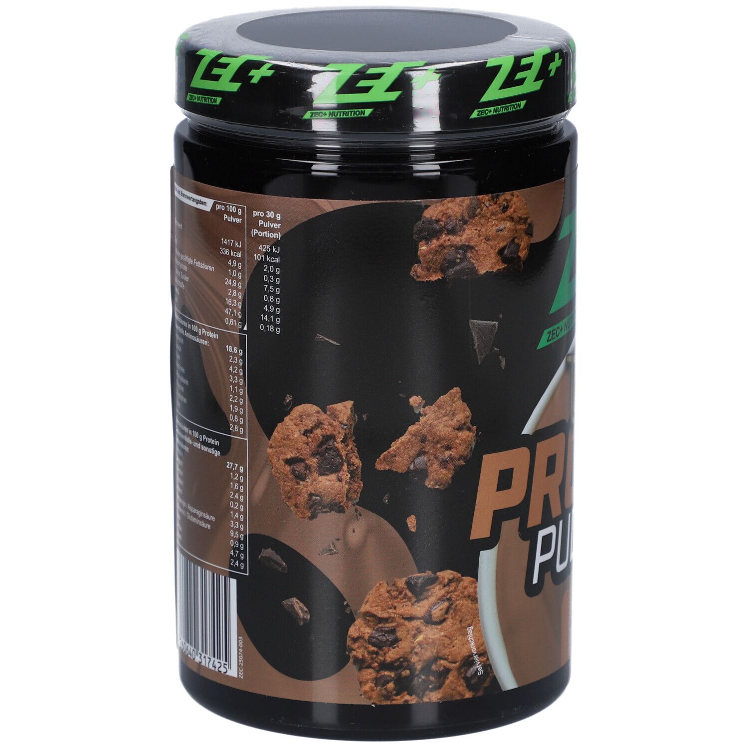 Pot noir de ZEC+ Protein Pudding. Informations nutritionnelles sur le côté. Morceaux de cookies en arrière-plan.