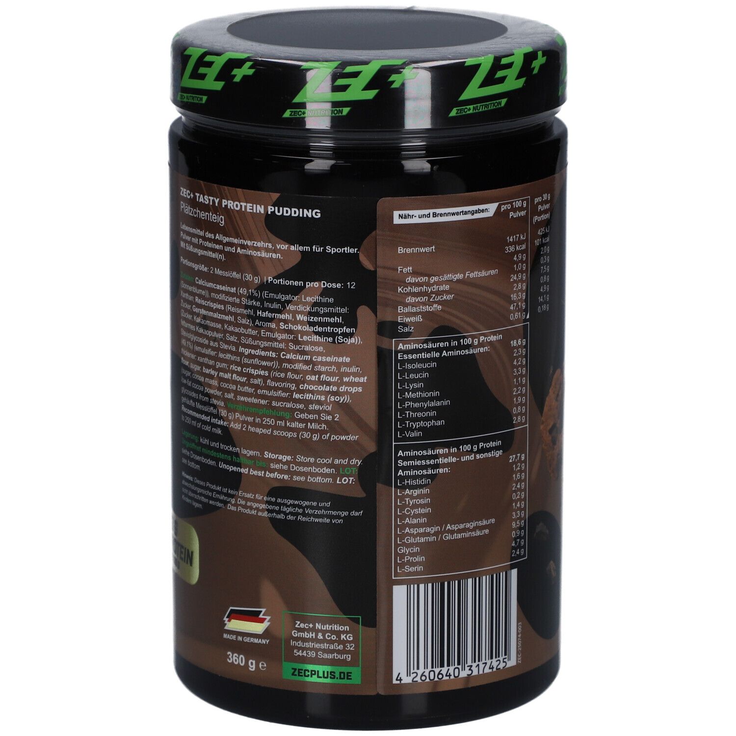 Dos du pot noir. Texte: ZEC+ Tasty Protein Pudding. Informations nutritionnelles et liste des ingrédients.