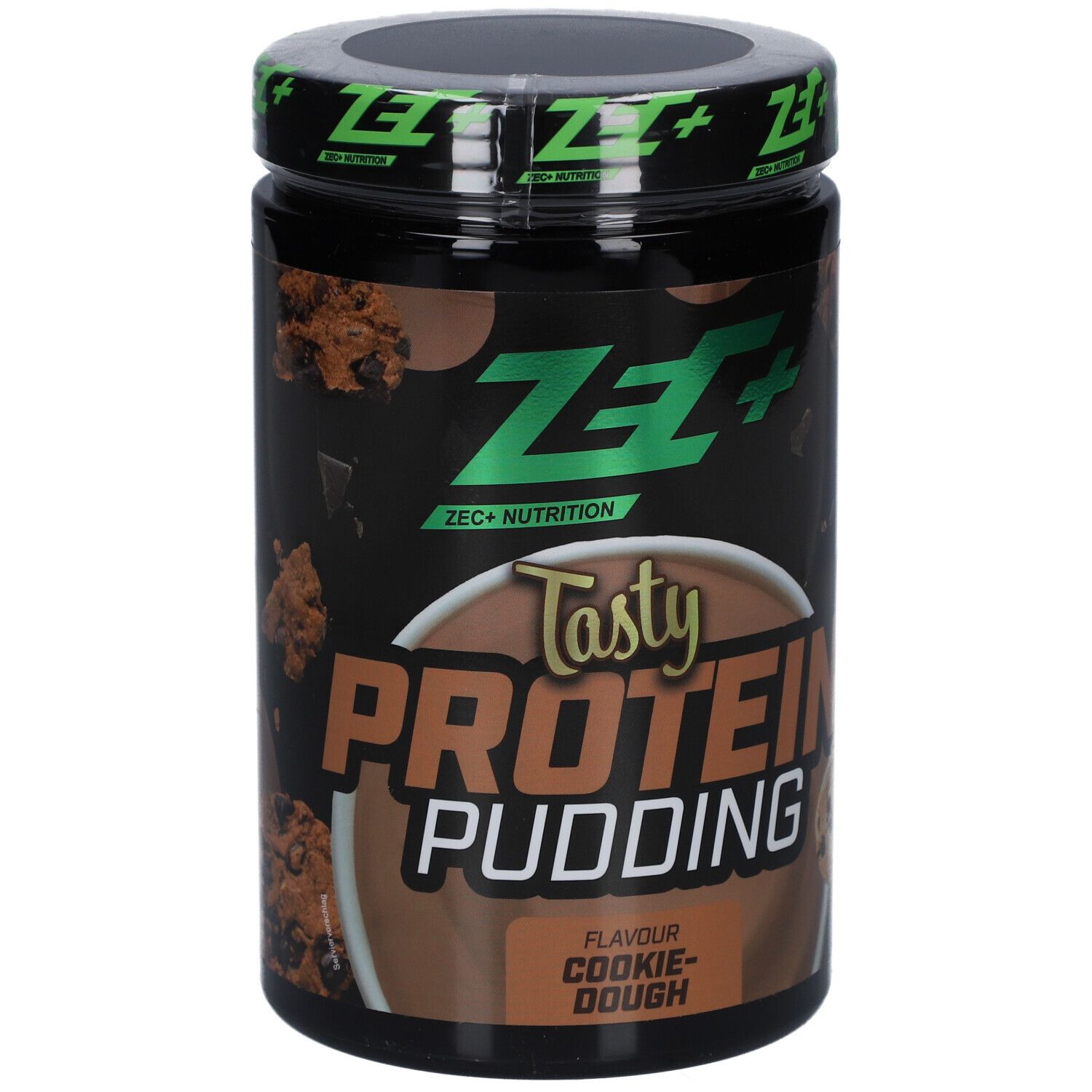 Pot noir de ZEC+ Protein Pudding, saveur Cookie Dough. Inscription. Couvercle vert.