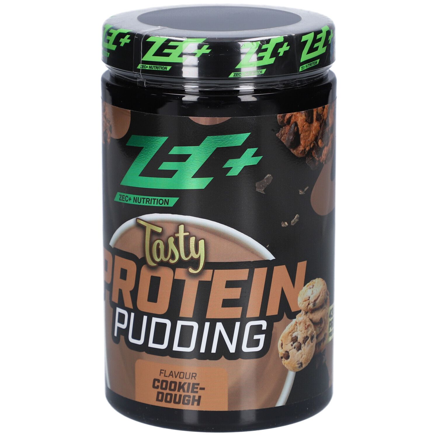 Pot noir de ZEC+ Protein Pudding, saveur Cookie Dough. Inscription. Couvercle vert.