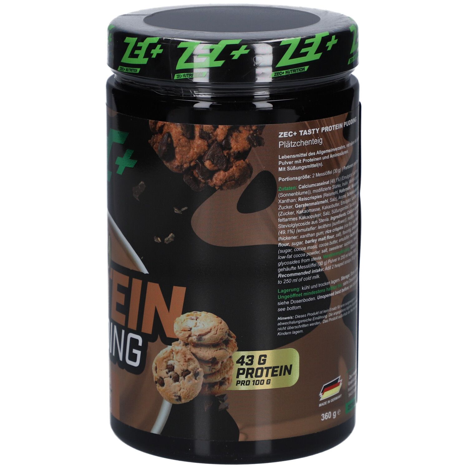 Dos du pot noir. Texte: ZEC+ Tasty Protein Pudding. 43 G de protéines. 360 g. Fabriqué en Allemagne.