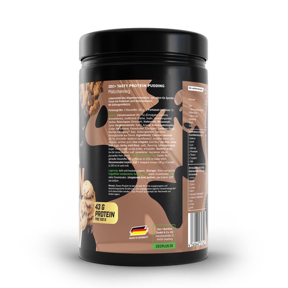 Dos du pot noir. Texte: ZEC+ Tasty Protein Pudding. 43g de protéines pour 100g. Fabriqué en Allemagne.