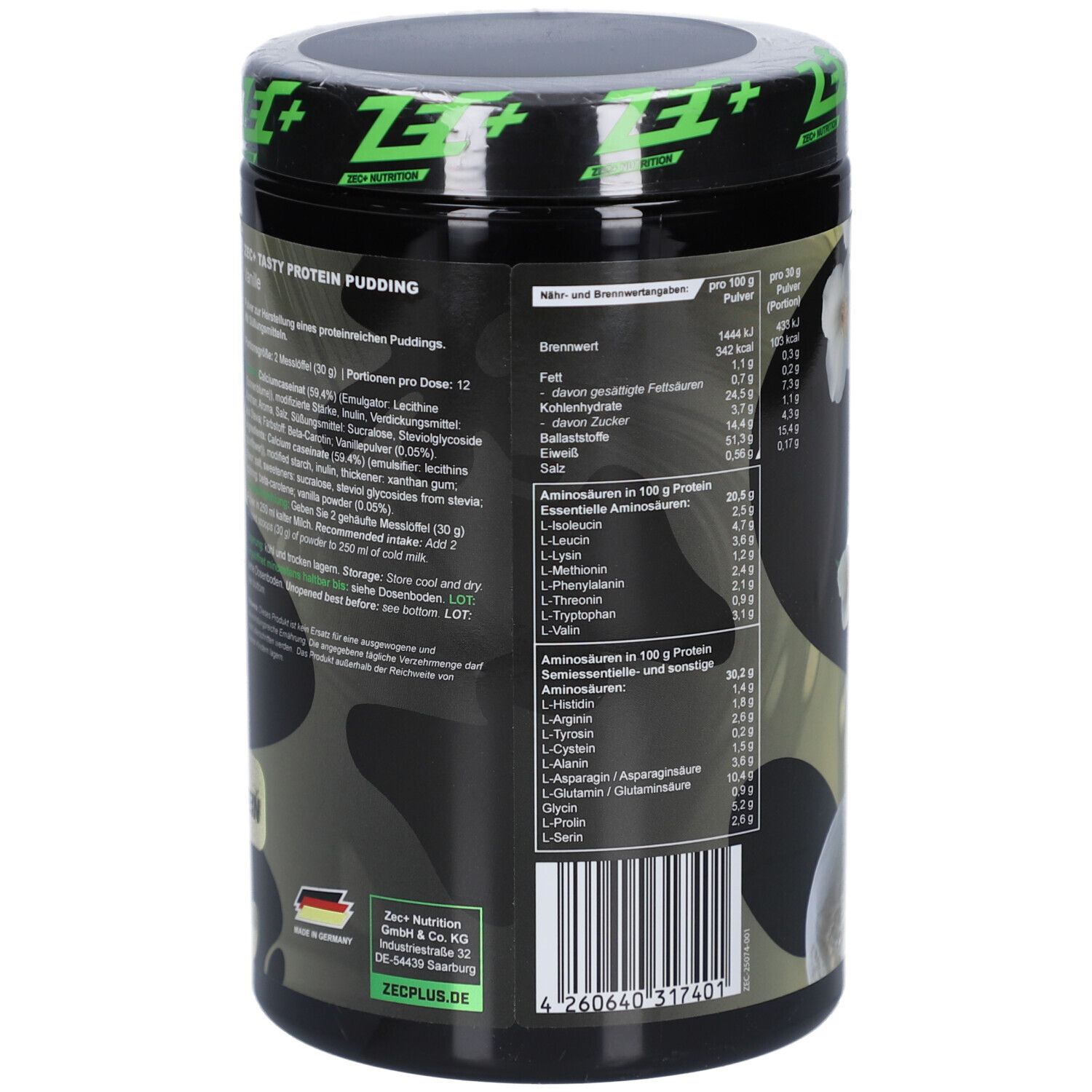 Rückseite der schwarzen Dose. Nährwertangaben und Zutatenliste. ZEC+ Nutrition. Hergestellt in Deutschland.