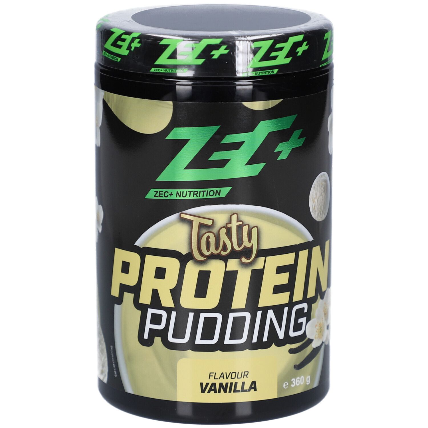 Schwarze Dose mit ZEC+ Logo und Tasty Protein Pudding. Geschmack: Vanille. 360g. Vanilleblüten.