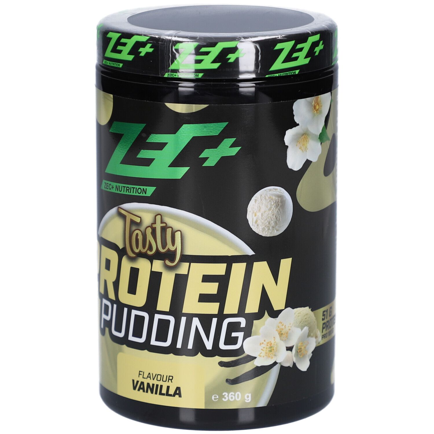 Schwarze Dose mit ZEC+ Logo. Tasty Protein Pudding, Vanille. 360g. Vanilleblüten und Eiscreme.