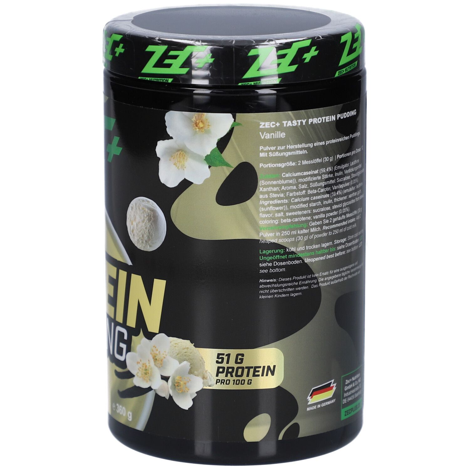 Schwarze Dose mit ZEC+ Logo. Tasty Protein Pudding, Vanille. 51g Protein pro 100g. Zutatenliste.
