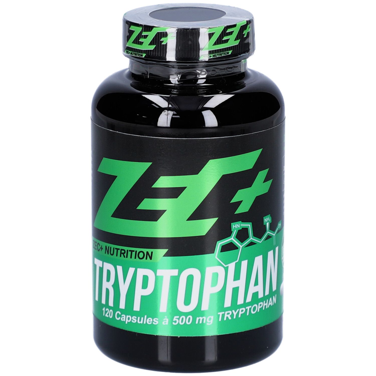Schwarze Flasche mit grünem Etikett. Aufschrift: ZEC+ TRYPTOPHAN, 120 Kapseln à 500 mg. Deckel mit ZEC+ Logo.